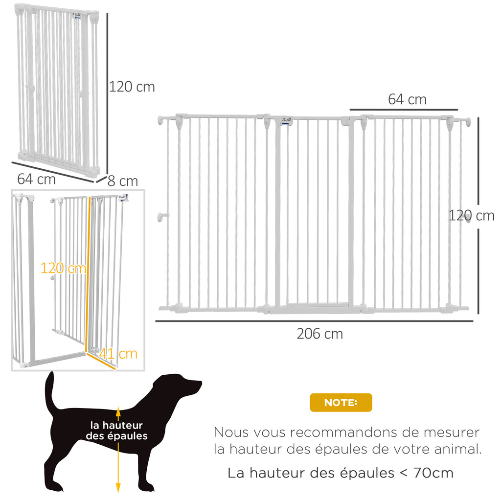 Barrière pour chien en acier à 3 panneaux pliante double verrouillage et porte intégrée pour porte et escalier blanc
