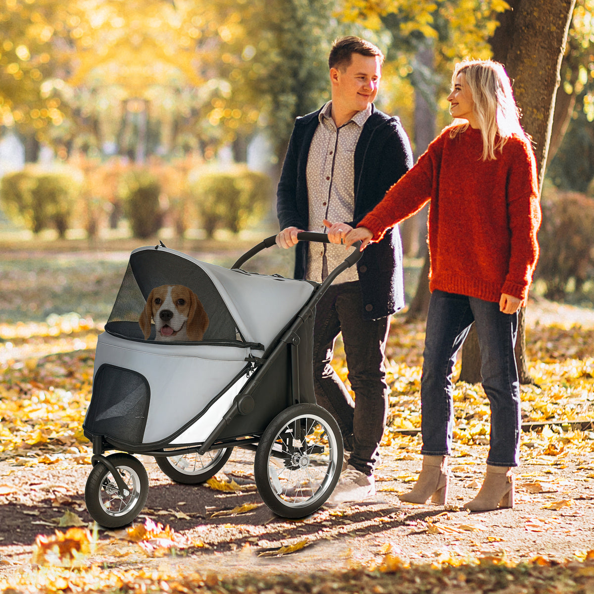 Poussette pour chien 3 roues avec pliage facile, sac de rangement, coussin souple, laisse de sécurité, gris