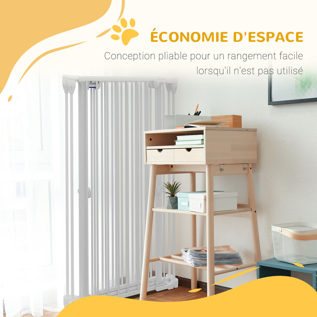 Barrière pour chien en acier à 3 panneaux pliante double verrouillage et porte intégrée pour porte et escalier blanc