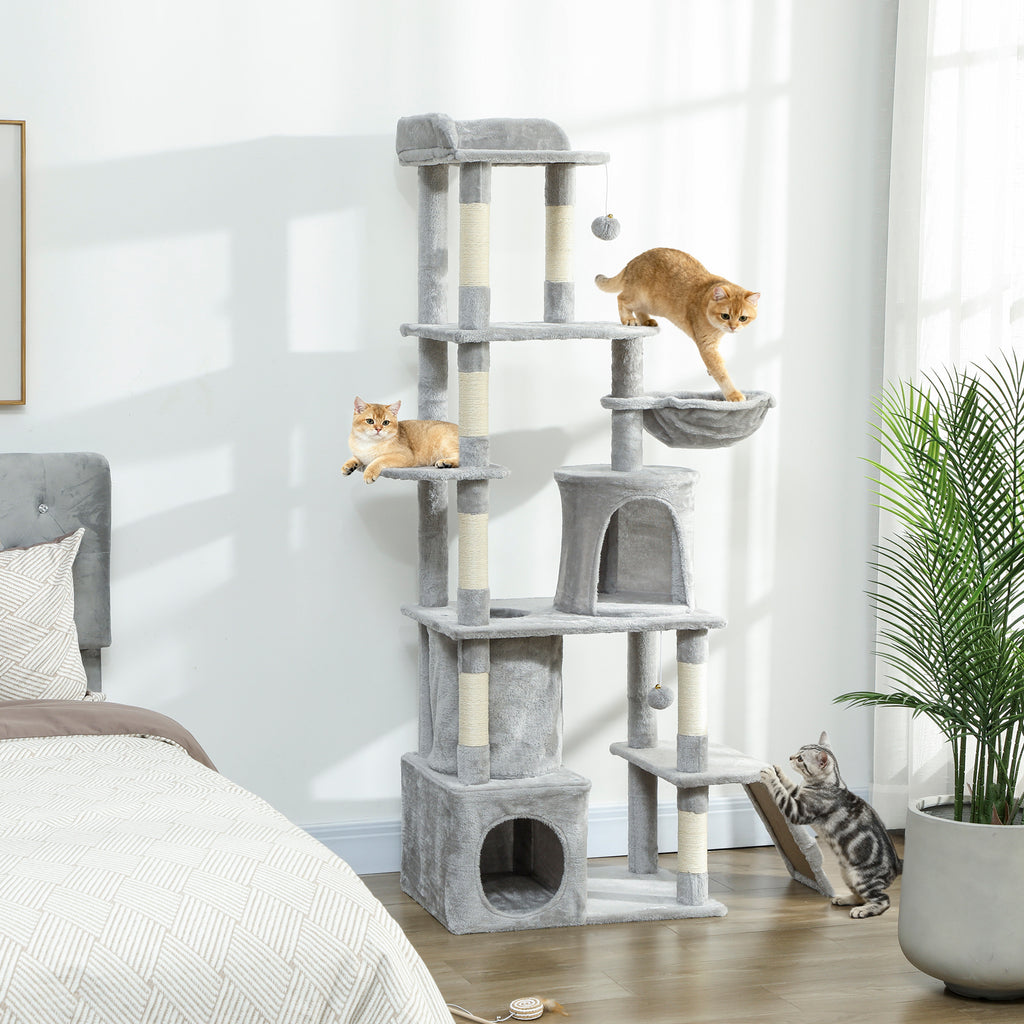 Arbre à chat tour de jeux 7 poteaux à griffer 3 platesformes 2 niches tunnel hamac et 2 pompons 170 cm gris foncé