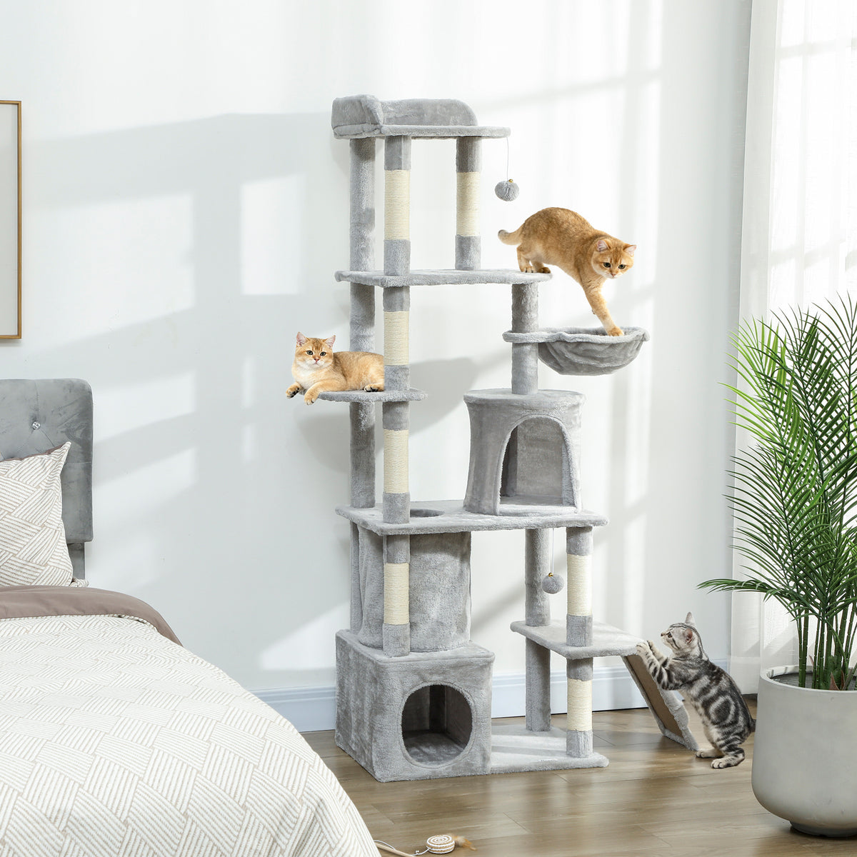 Arbre à chat tour de jeux 7 poteaux à griffer 3 platesformes 2 niches tunnel hamac et 2 pompons 170 cm gris foncé