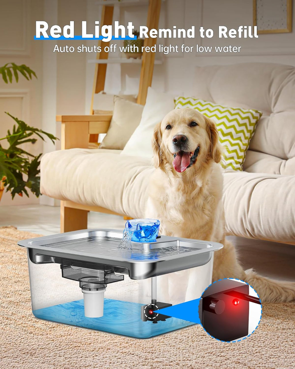 Replacement Dog Water Fountain Pump for lesotc Stainless Steel Pet Fountains, Quiet Cat Water Bowl Dispenser Pump with LED Low Water Shut Off
