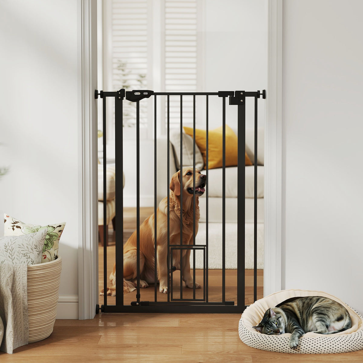 Barrière de sécurité animaux de 104H cm conception haute avec porte chat fermeture automatique système de double verrouillage sans percage de 74 à 80 cm acier noir