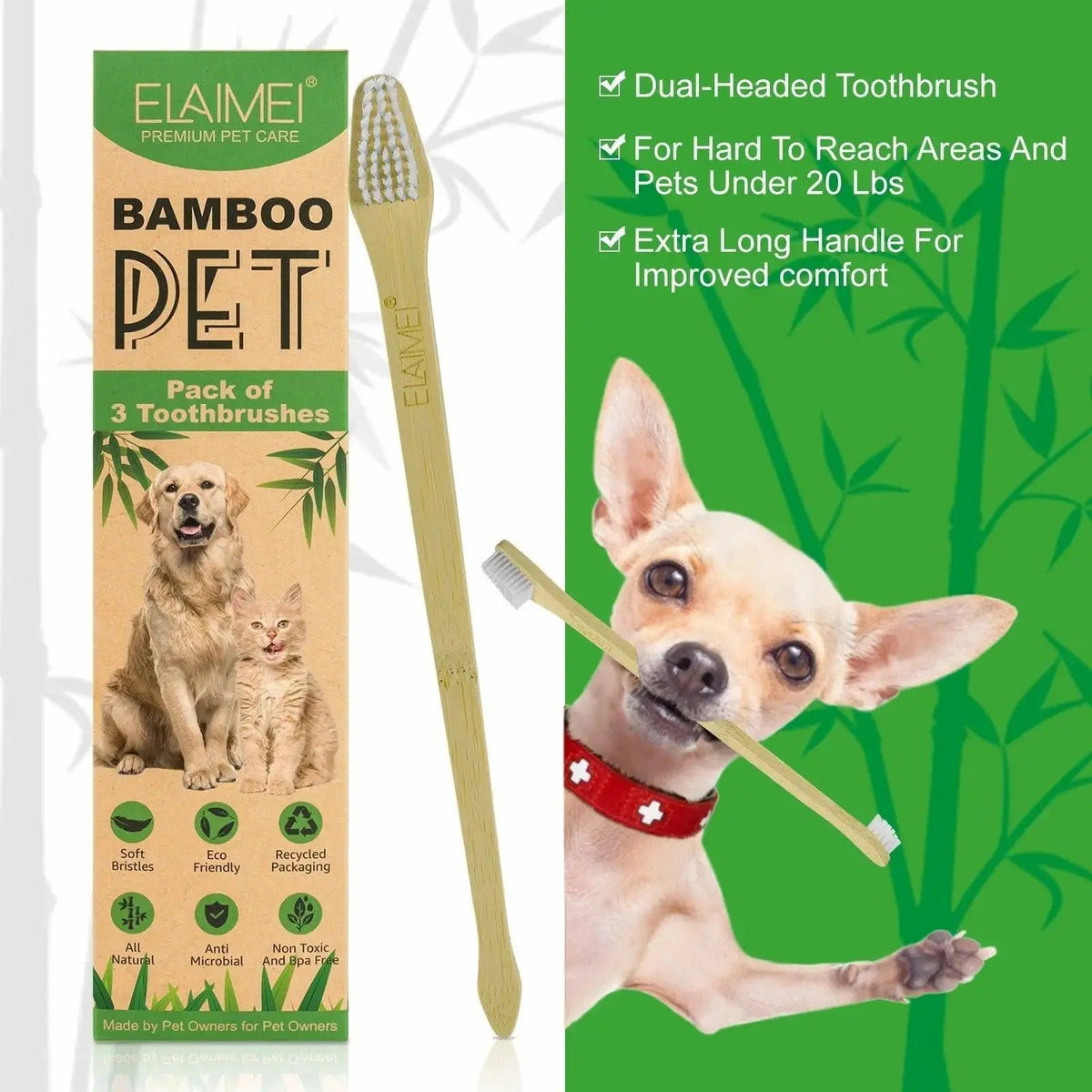 ELAIMEI Bamboo Pet Toothbrush Set