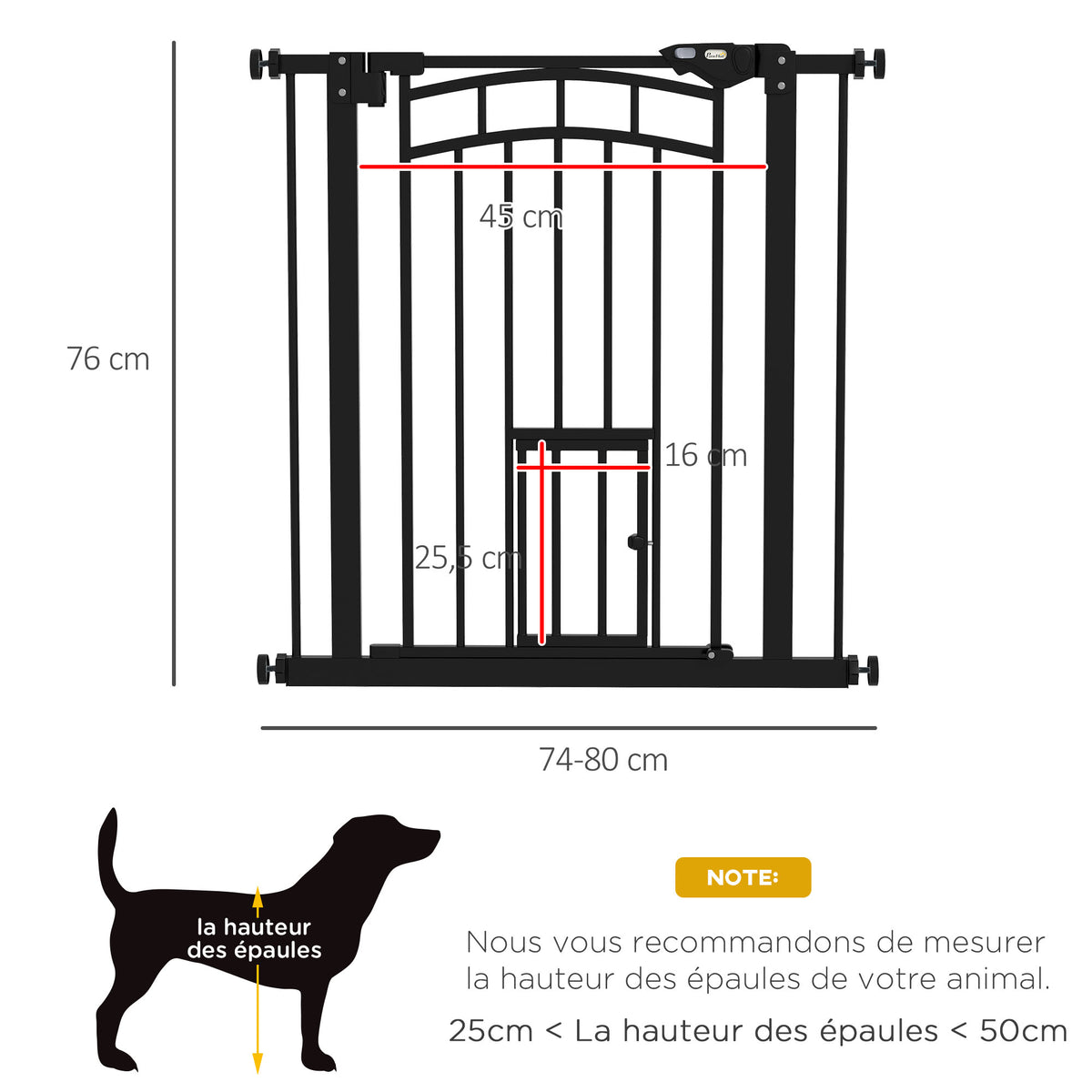 Barrière de sécurité animaux chien porte fermeture automatique sans perçage de 74 à 80 cm acier noir
