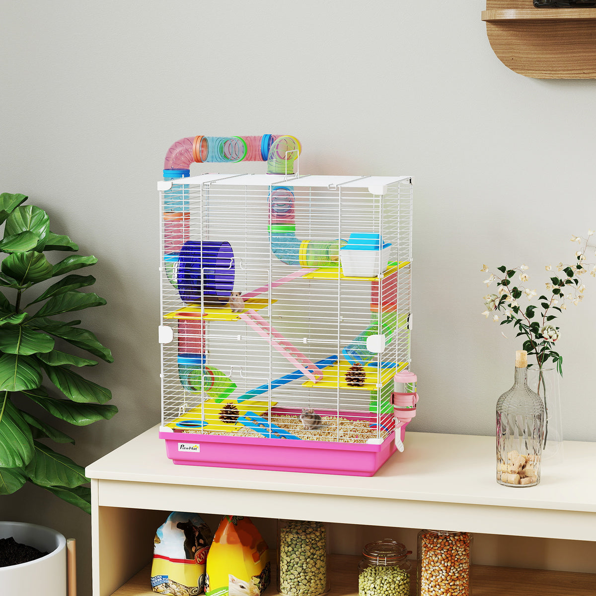 Cage pour Hamster Rongeur 5 Étages avec Tunnels, Mangeoire, Roue, Maison, Échelles, 46 x 30 x 58 cm, Rose