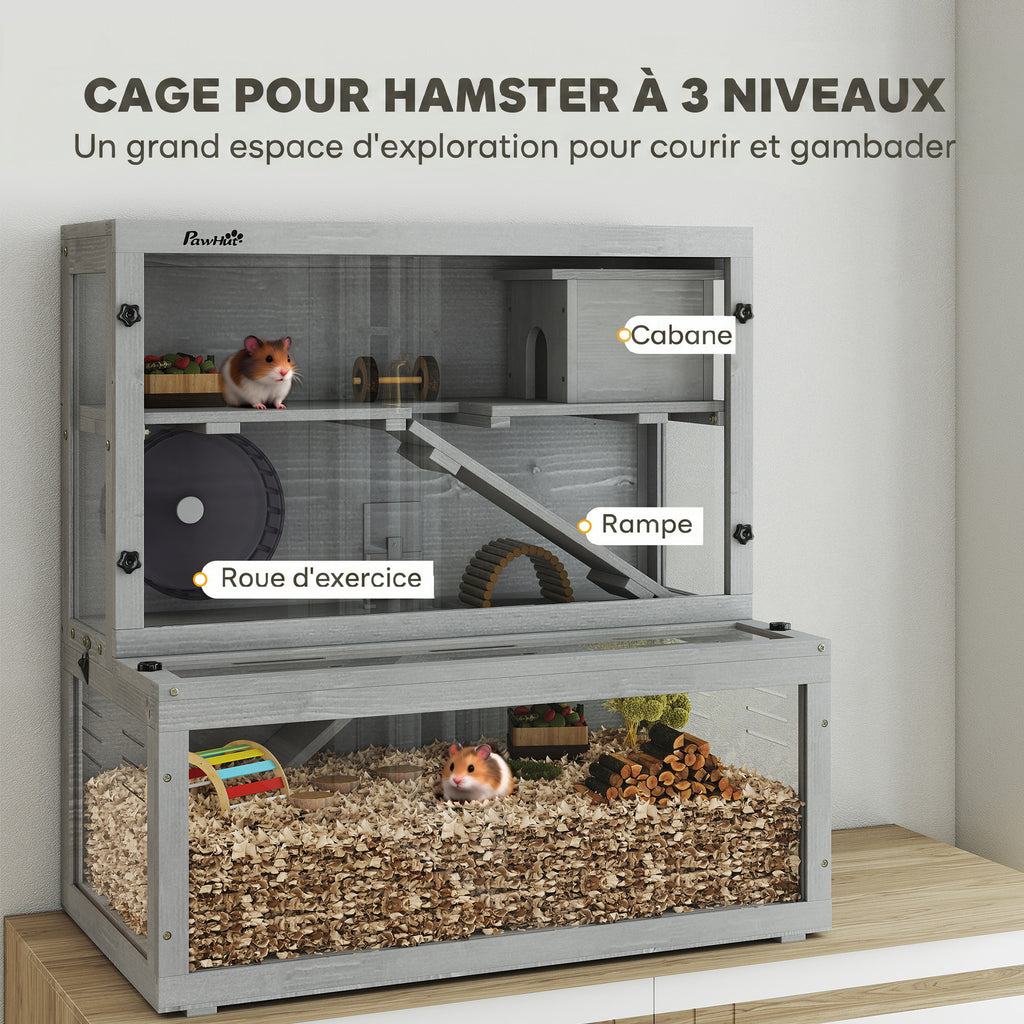 Cage Hamster en Bois, 3 Niveaux avec Cabane, Roue, Rampes, Panneau Transparent, Espaces Séparés, 80x50x84cm, Gris