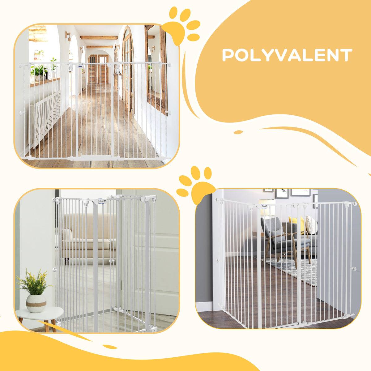 Barrière pour chien en acier à 3 panneaux pliante double verrouillage et porte intégrée pour porte et escalier blanc