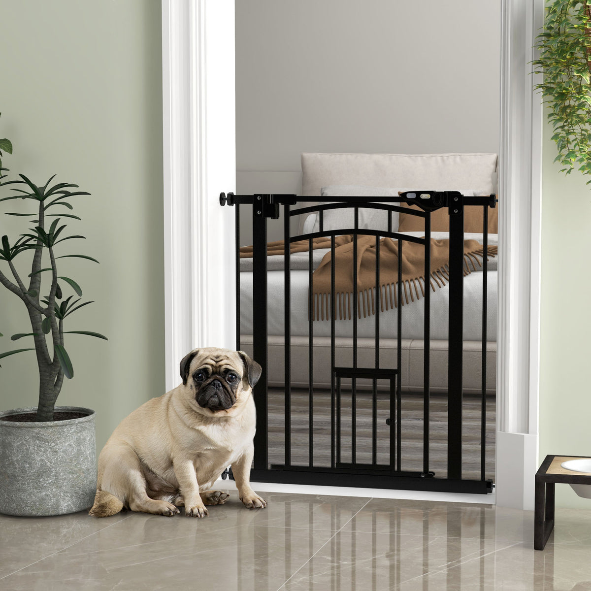 Barrière de sécurité animaux chien porte fermeture automatique sans perçage de 74 à 80 cm acier noir