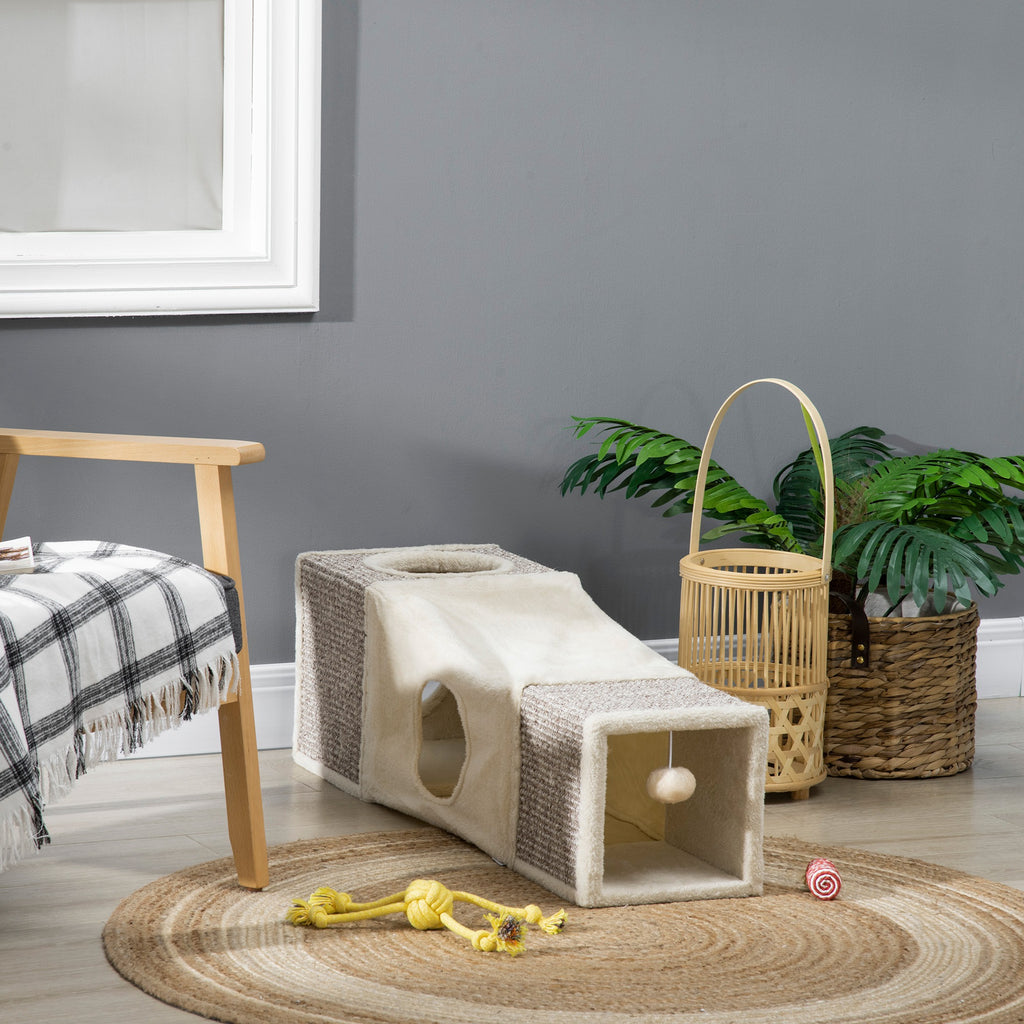 Tunnel pour chat intérieur jouets pour chats avec balle suspendue entrées multiples en sisal 98 x 30 x 30 cm crème