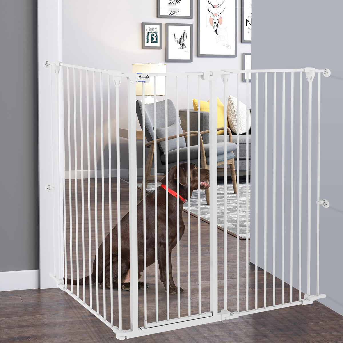 Barrière pour chien en acier à 3 panneaux pliante double verrouillage et porte intégrée pour porte et escalier blanc