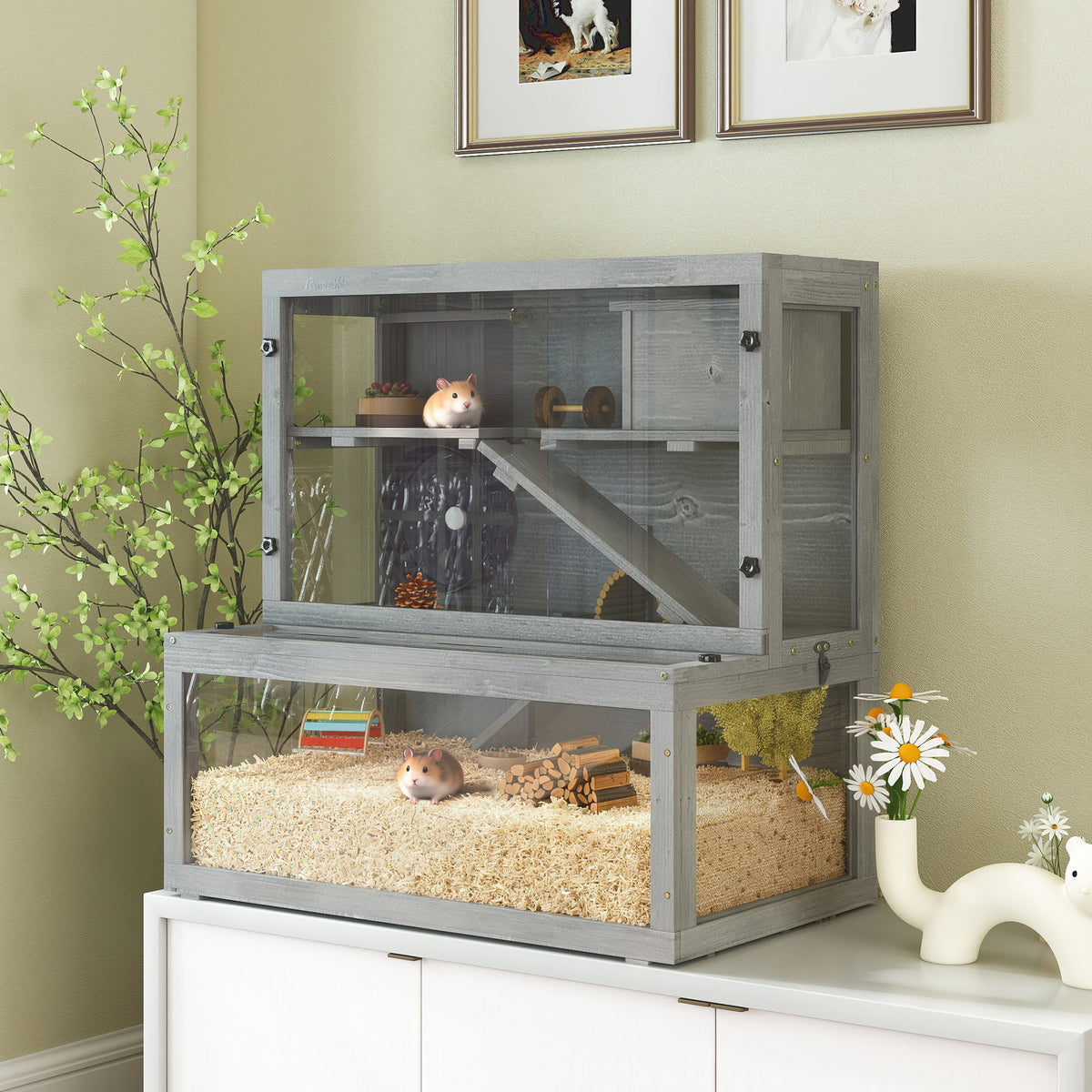 Cage Hamster en Bois, 3 Niveaux avec Cabane, Roue, Rampes, Panneau Transparent, Espaces Séparés, 80x50x84cm, Gris