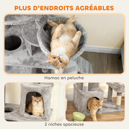 Arbre à chat tour de jeux 7 poteaux à griffer 3 platesformes 2 niches tunnel hamac et 2 pompons 170 cm gris foncé
