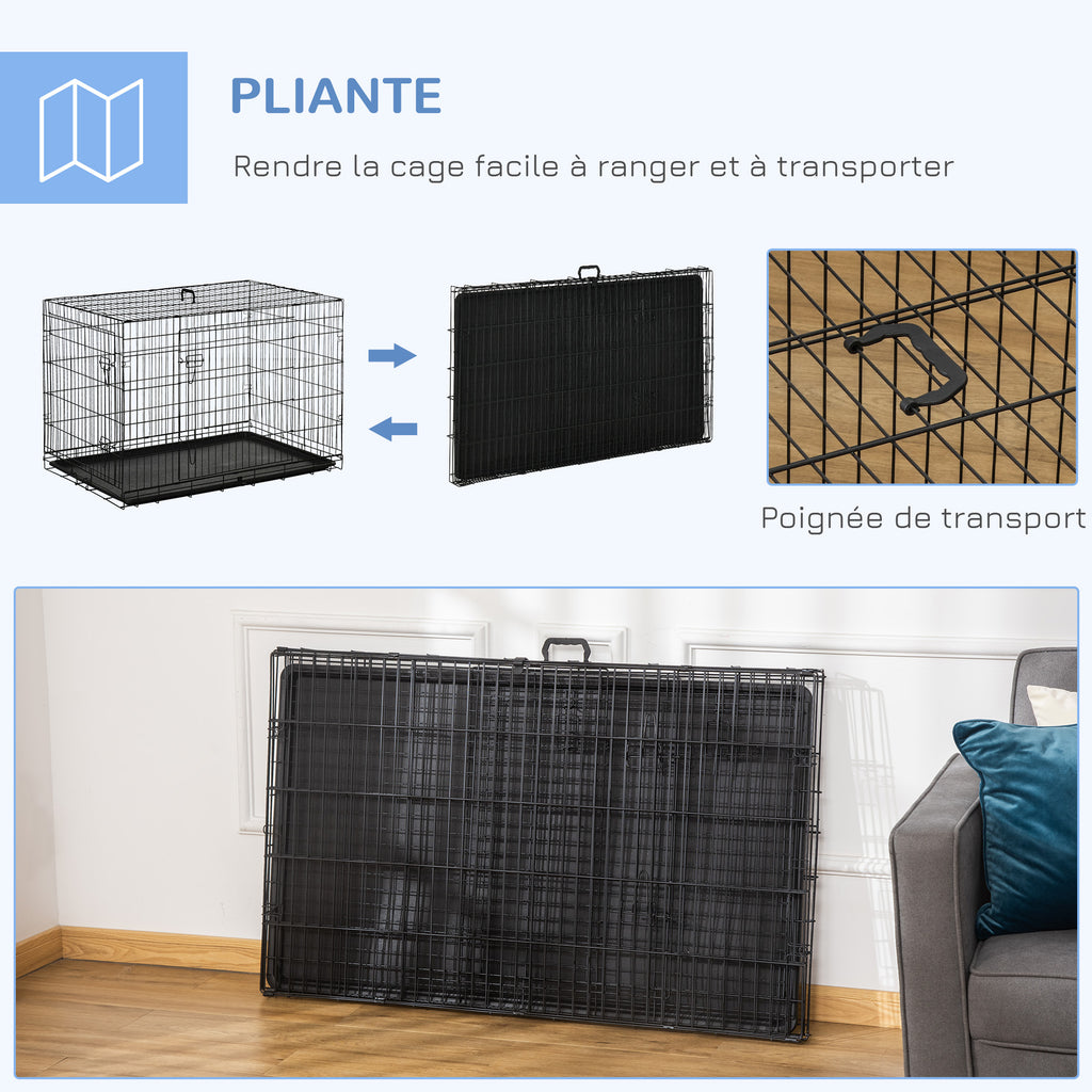 Cage caisse de transport pliante pour chien en acier 2 portes verrouillables 106L x 71,5l x 76H cm noir