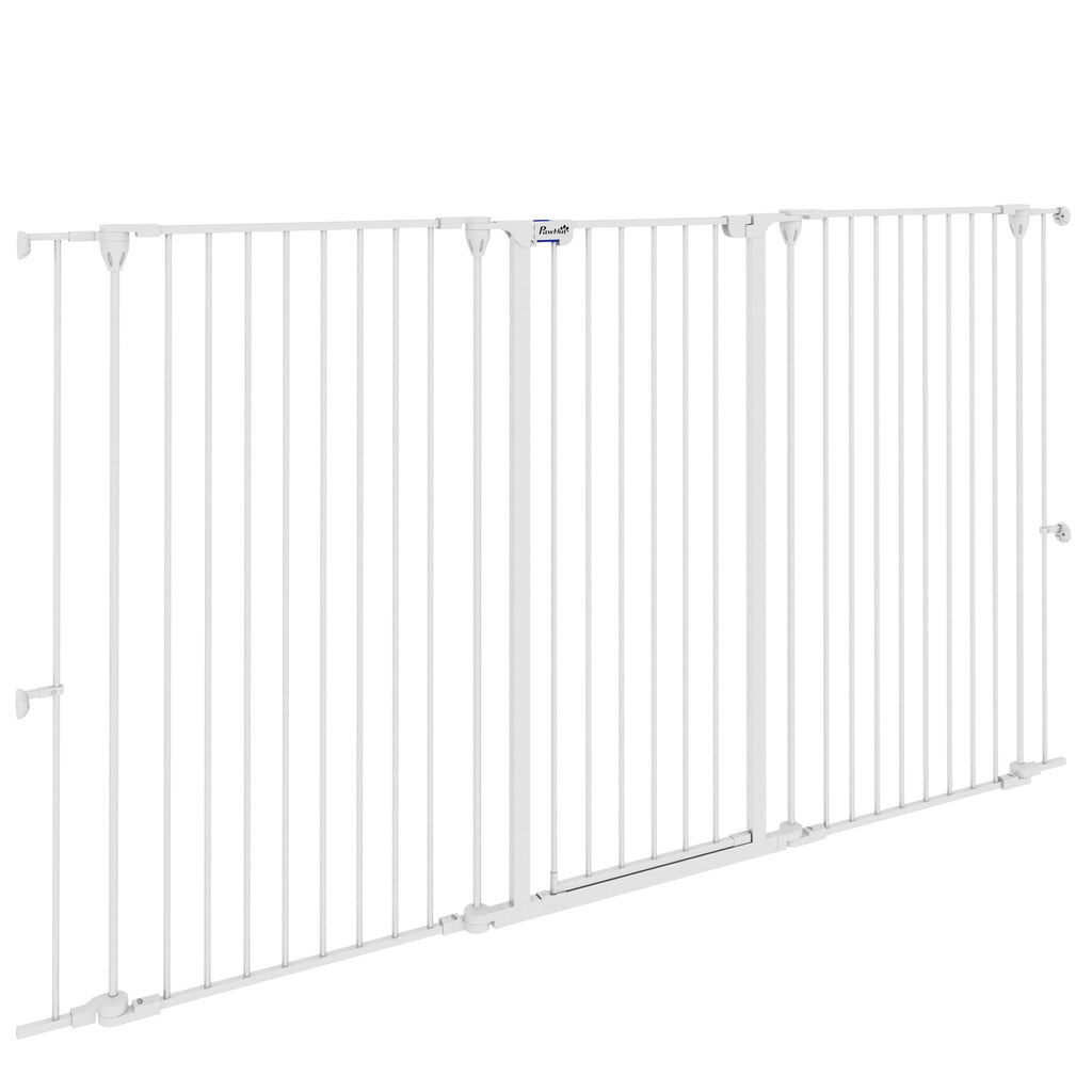 Barrière pour chien en acier à 3 panneaux pliante double verrouillage et porte intégrée pour porte et escalier blanc