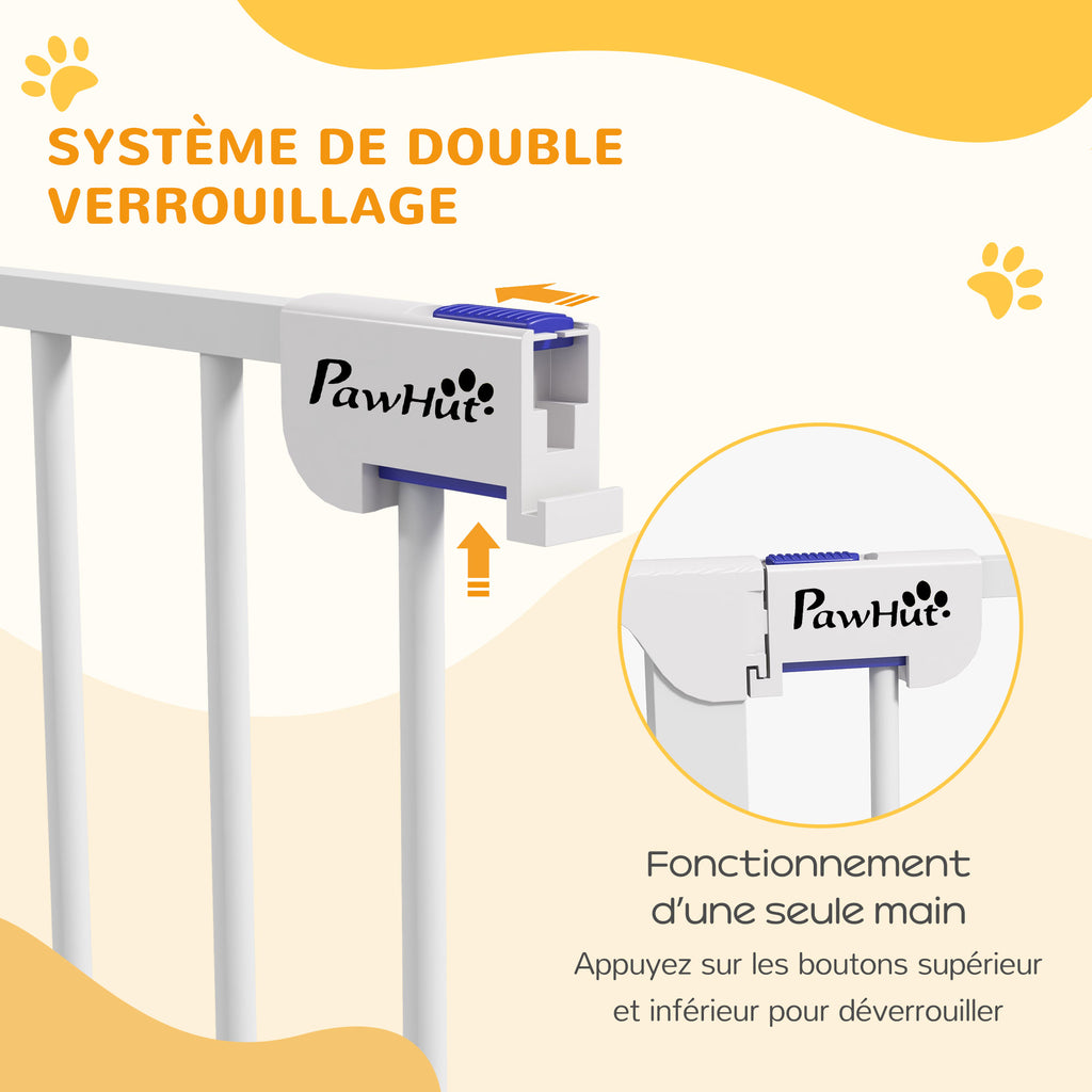 Barrière pour chien en acier à 3 panneaux pliante double verrouillage et porte intégrée pour porte et escalier blanc