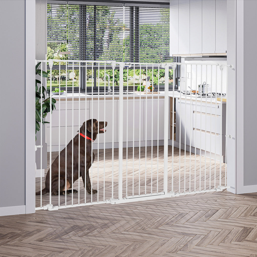 Barrière pour chien en acier à 3 panneaux pliante double verrouillage et porte intégrée pour porte et escalier blanc