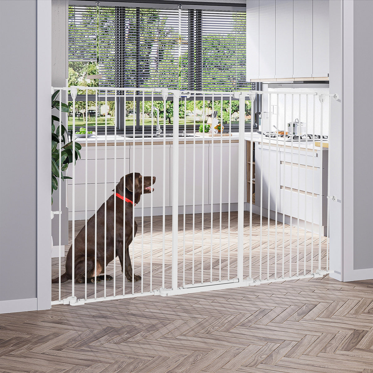 Barrière pour chien en acier à 3 panneaux pliante double verrouillage et porte intégrée pour porte et escalier blanc